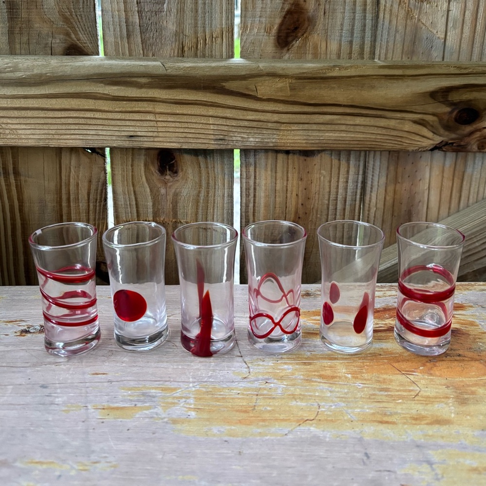 Set of 6 Vintage Handcrafted Pier 1 Red Swirline Shot Glasses